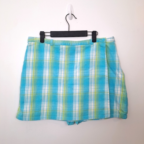 Basic Editions Blue Green White Plaid Spadkle Y2K Wrap Mini Skort Size 16 - Picture 1 of 7